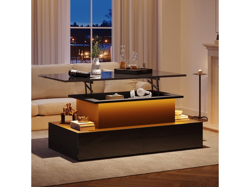  Table basse noire brillante avec éclairage led et 4 tiroirs - plateau extensible 90x55x41 cm  - Conforama W