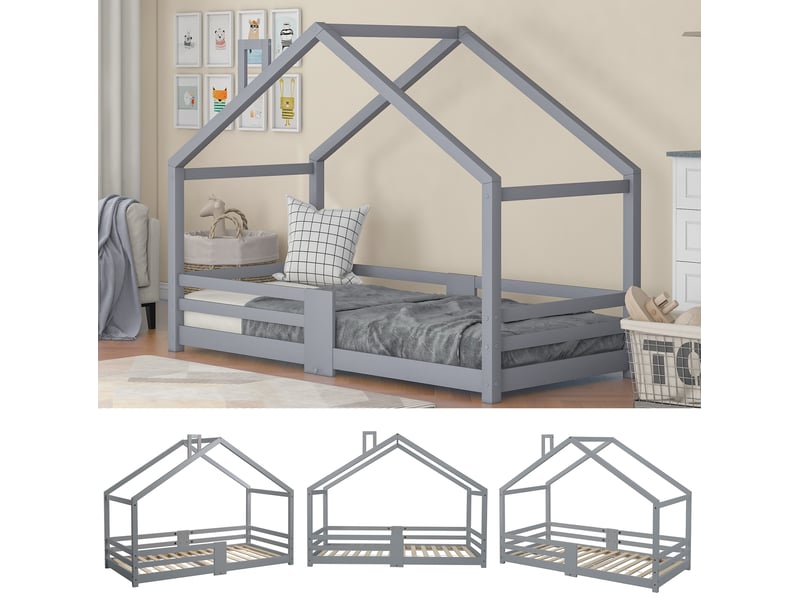  Modenvie lit cabane enfant 90x200 cm - sommier a lattes et barriere de securite, sans matelas - gris  - Conforama D