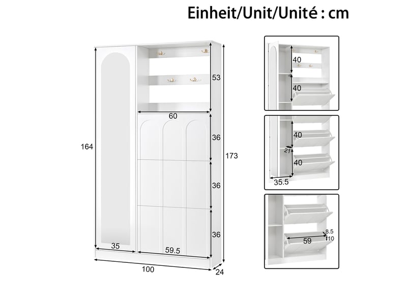  Meuble d'entrée 100x24x164 cm avec miroir, 3 abattants à chaussures, mdf rangements et crochets en zinc, sans poignées - blanc  - Conforama C