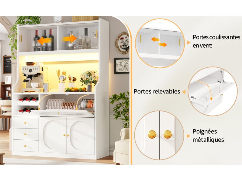  Buffet haut de cuisine, coloris blanc, 120 × 40 × 180 cm, mdf, métal et verre, led rgb pilotable par application  - Conforama E