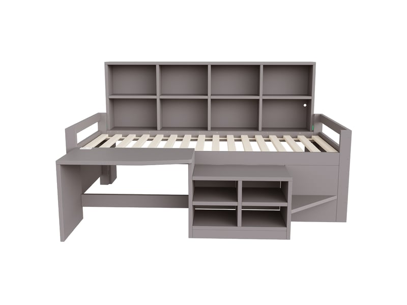  Lit enfant multifonction 90x200 cm, lit simple avec éclairage led, bureau, rangements, usb, mdf, gris, sans matelas  - Conforama E
