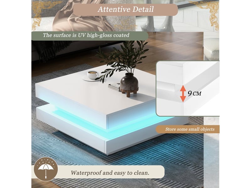  Table basse, avec éclairage led, avec rangement intégré, 70 x 70 x h 36 cm, blanc, structure en panneau de particules, style moderne, pour votre salon Luxe haut de gamme - Conforama E