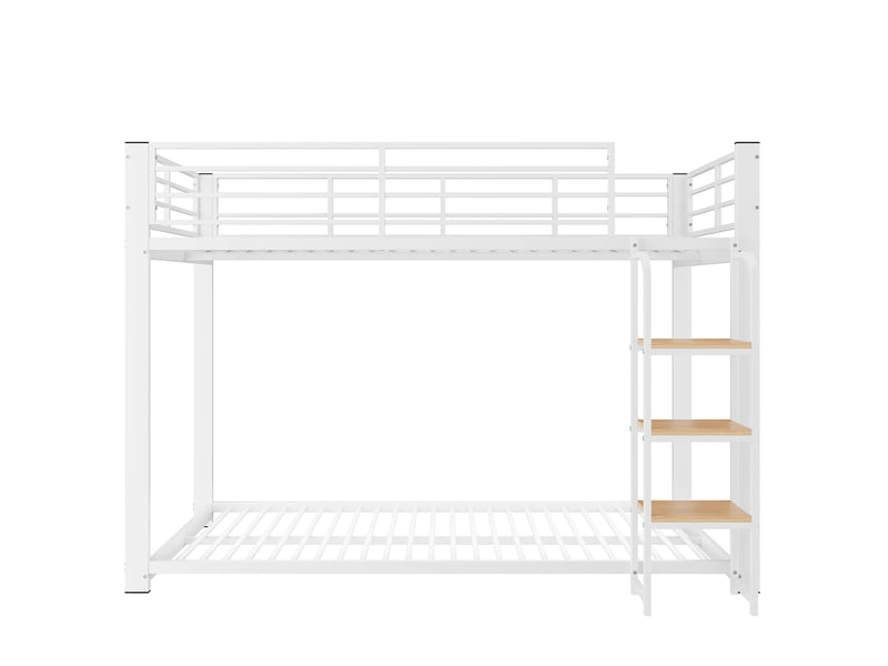  Lit superposé métal blanc 90x200 cm avec échelle étagère en bois et sécurité  - Conforama A