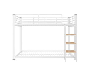 Lit superposé métal blanc 90x200 cm avec échelle étagère en bois et sécurité