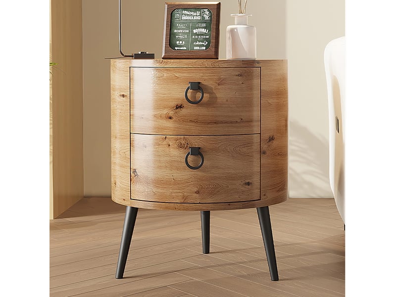  Table d'appoint ronde 2 tiroirs, bout canapé, table chevet, style mid-century, finition bois naturel, pieds métal, rangement salon PHO_346UMJ4V - Conforama B