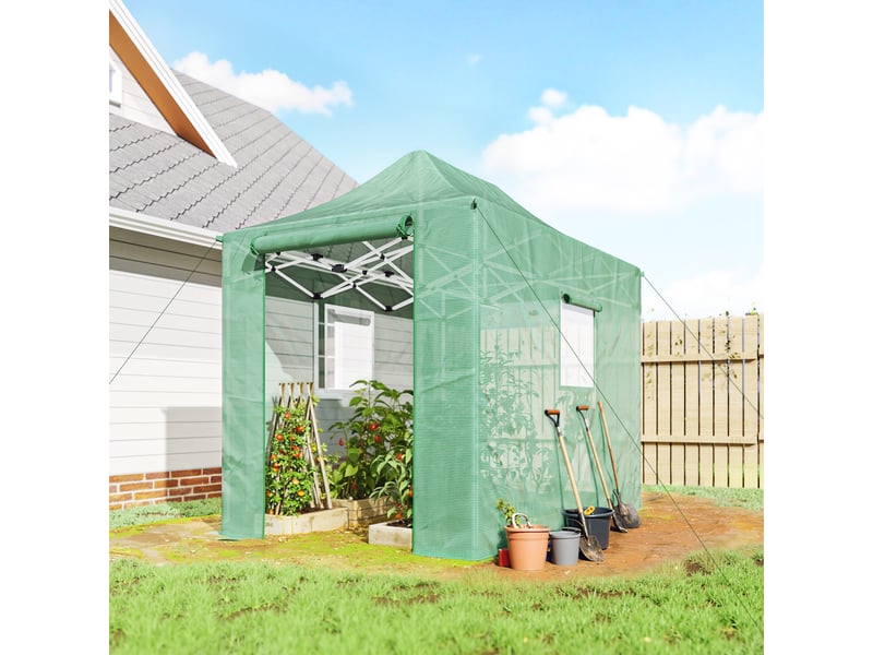  Serre pliante pliable en aluminium d'environ 200 x 300 x 270 cm, avec toit en pente, portes et fenêtres à fermeture éclair.  - Conforama C
