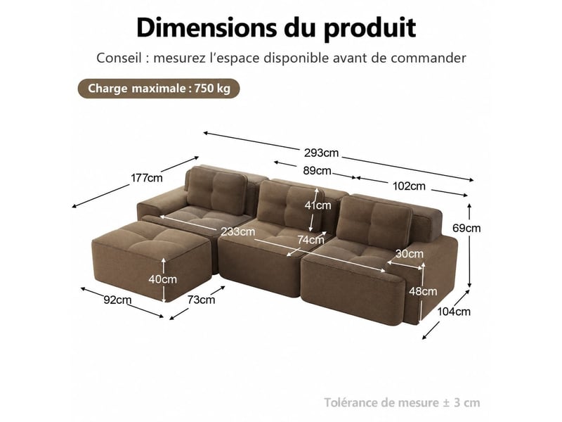  Canapé modulable en l 3 places avec pouf, modèle souple sans structure rigide, prêt à l’emploi, 69 × 293 × 177 cm, marron  - Conforama C