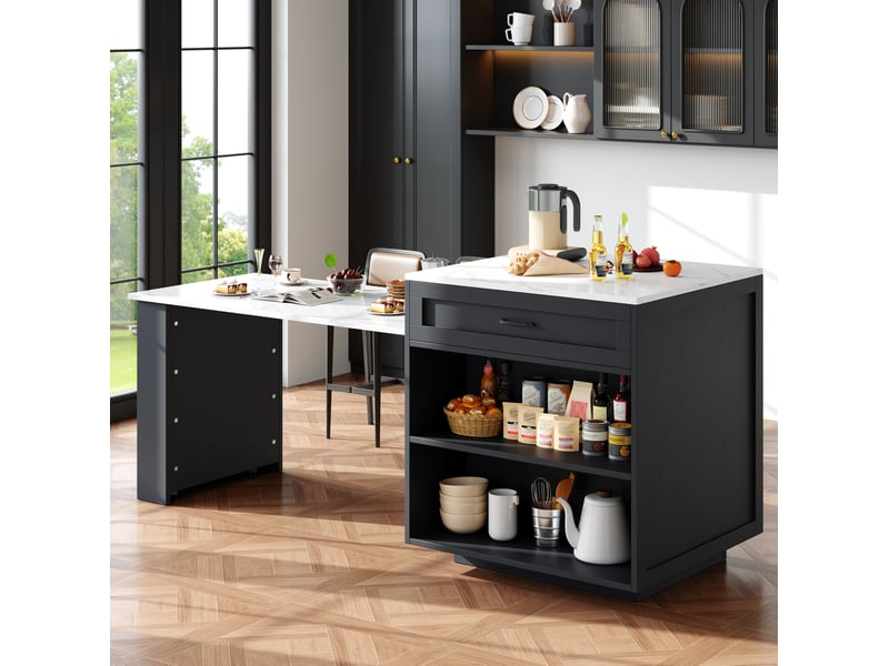  Îlot de cuisine extensible 133-202 x 70 x 93,5 cm avec rangement, noir  - Conforama B
