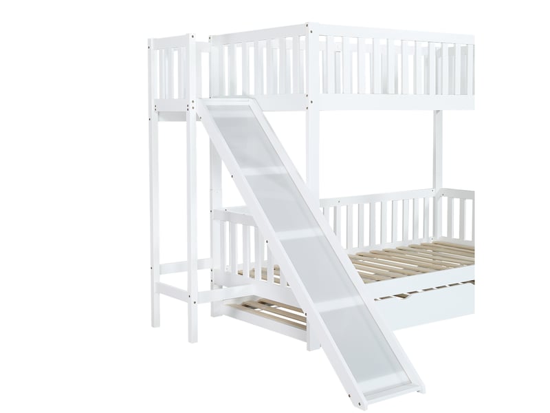 Lit superposé enfant 90x200 cm – blanc – lit gigogne 90x190, toboggan et échelle 4 marches - sans matelas - Conforama E