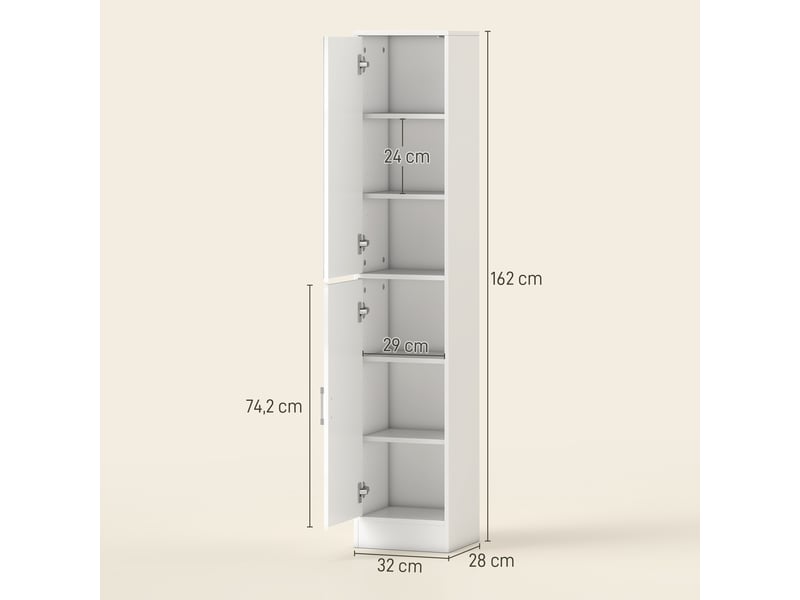  Meuble colonne salle de bain avec miroir, meuble de rangement à 6 niveaux 2 portes étagères réglables 32x28x162cm blanc  - Conforama C