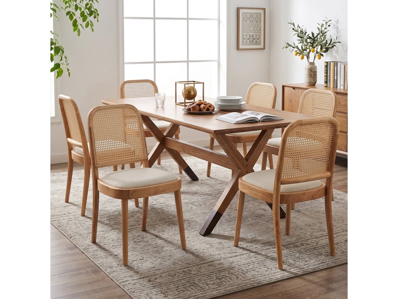  Lot de 6 chaises de salle à manger 52x45x84 cm avec dossier en rotin, pour salle à manger, bois, beige clair et lin  - Conforama D