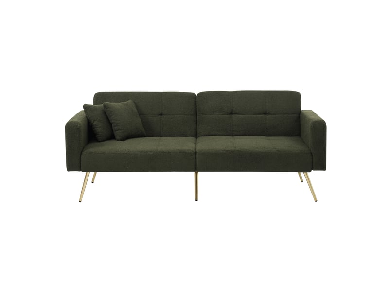 Canapé convertible 2 places en tissu bouclette, canapé vert avec pieds dorés, dossier inclinable 3 positions, avec coussins et poches. - Conforama E