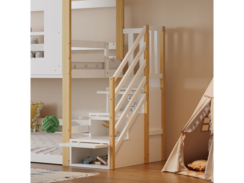  Lit superposé enfant avec échelle de rangement 90x200 cm blanc et bois clair pin et mdf garde-corps fenêtre et toit Sol Morn - Conforama B