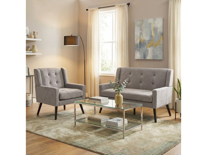 Lot 2 fauteuils gris clair 1+2 places, mousse haute densité, tissu doux durable, pieds bois massif avec patins, salon et bureau - Conforama D