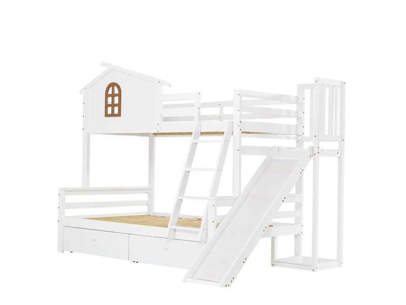 Lit superposé enfant 90x200 cm – blanc – toboggan, échelle inclinée et 2 tiroirs intégrés - sans matelas - Conforama D