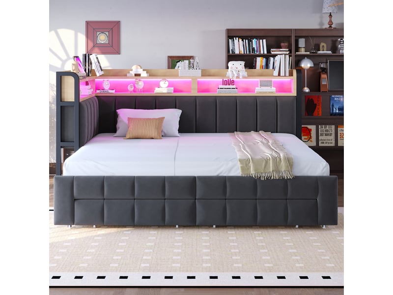  Lit banquette extensible 90 à 180 × 200 cm, avec rangement, tiroirs, étagères, led, usb-c, velours capitonné gris foncé  - Conforama D