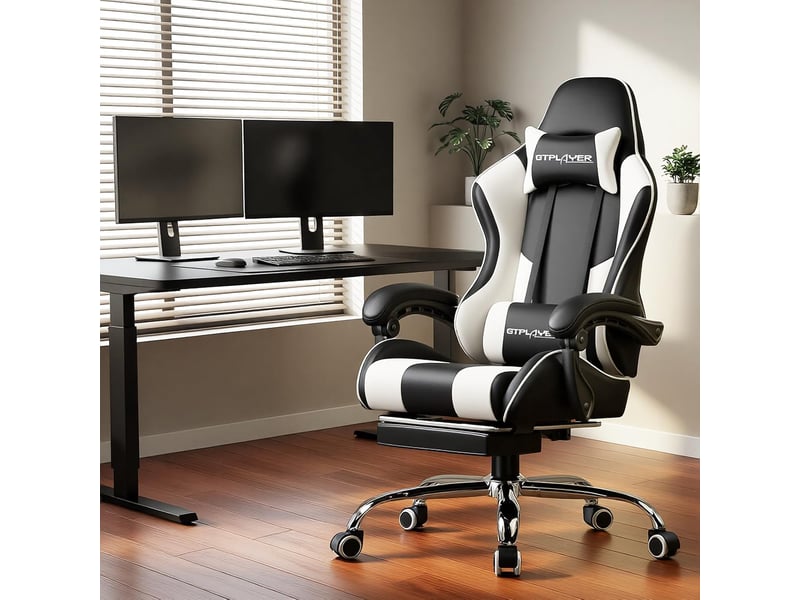 Gtplayer chaise de jeu ergonomique avec massage lombaire et repose-pieds - similicuir blanc GT800A-WT - Conforama C