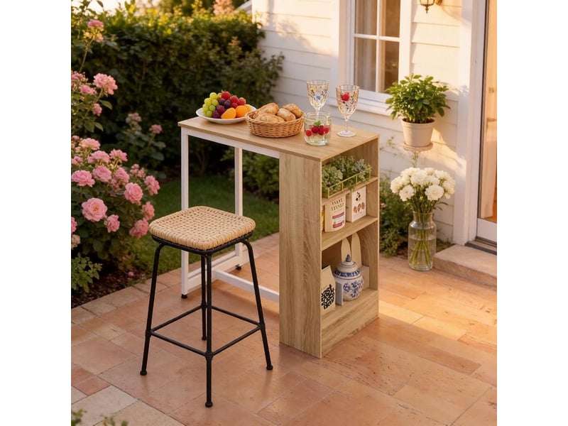  Table de salle à manger avec 3 étagères, rangement pour bouteilles et verres, pour cuisine, en métal et panneaux, blanc et chêne clair  - Conforama B
