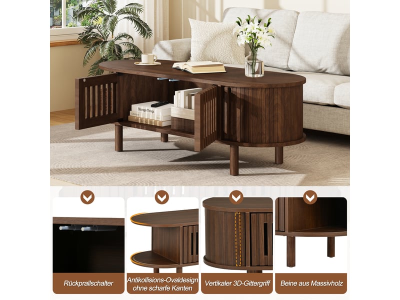  Table basse ovale avec rangement et portes coulissantes - lpospi - mdf pieds en bois massif noyer 100 × 40 × 38 cm  - Conforama E