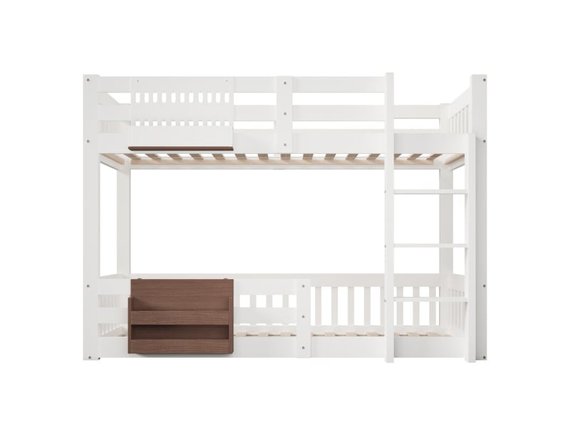 Lit superposé 90x200 cm, compartiments de rangement, barrière de sécurité, échelle, blanc - Conforama A