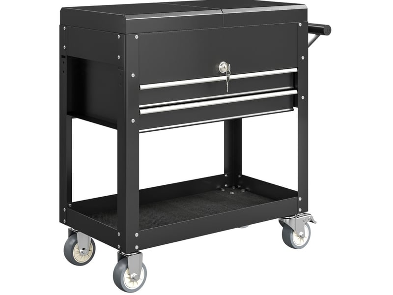  Servante d'atelier à roulettes 130 x 38 x 80 cm noire en acier, 2 tiroirs verrouillables, plan de travail extensible  - Conforama A