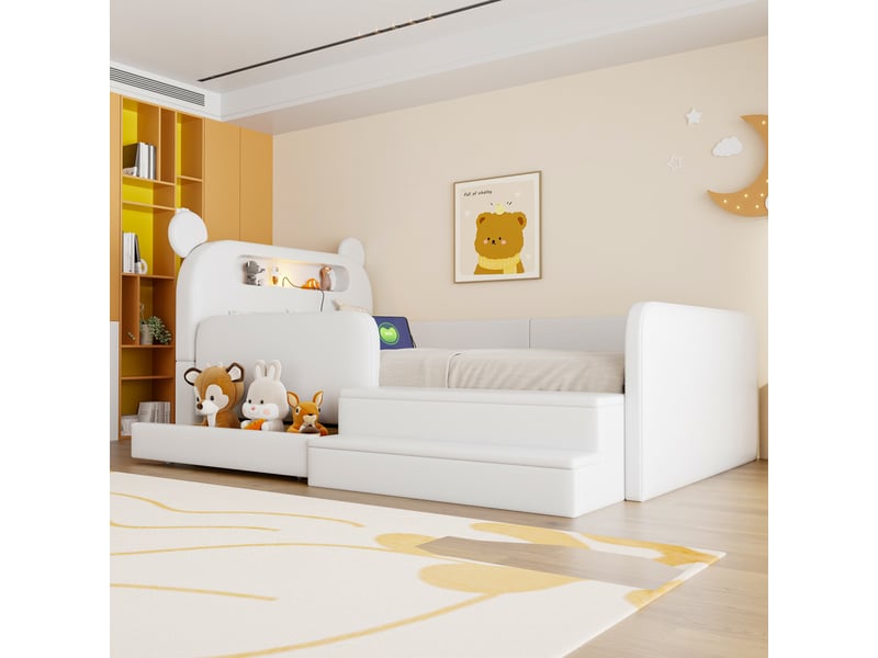  Lit enfant 90x200 cm blanc en similicuir avec tête de lit ours, veilleuse, usb et rangement  - Conforama E