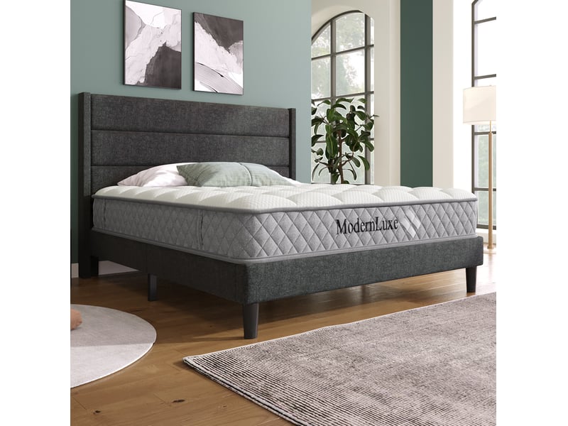  Modenvie lit double rembourré 140x200 cm - tête de lit capitonnée, matelas inclus - gris  - Conforama D
