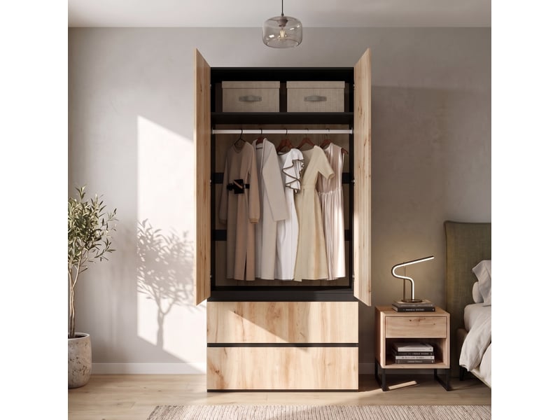  Armoire 2 portes 90 x 50 x 200 cm – chêne artisan et blanc – penderie, 2 tiroirs et rangement haut  - Conforama B