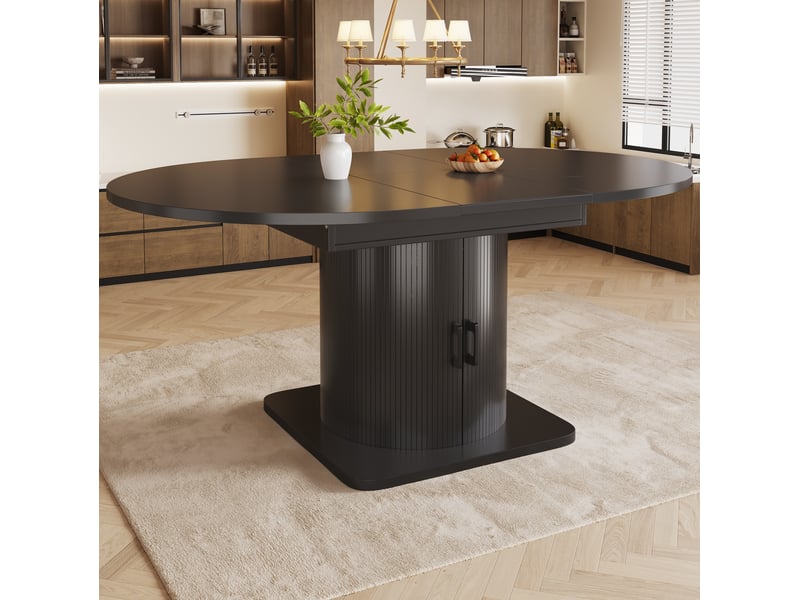  Table à manger extensible 118-158x118x76cm table de cuisine avec rangement, finition noire, dessus aggloméré, plateaux amovibles, cadre en métal  - Conforama E