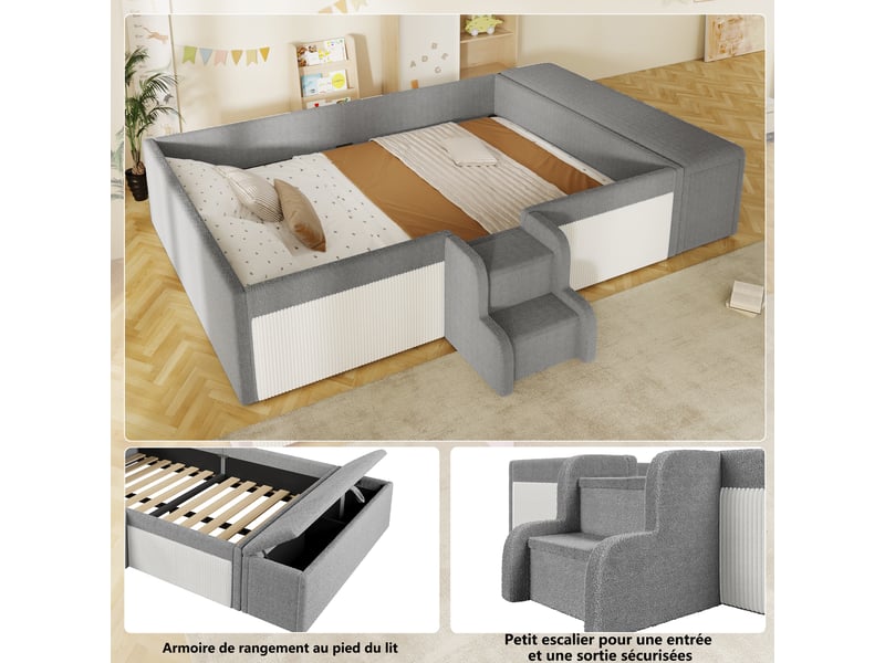 Lit enfant 140x190 cm rembourré en bouclé gris, avec petite échelle, banquette coffre de rangement mobile, barrières rembourrées et rangement pratique - Conforama E