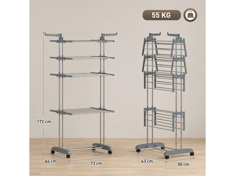 Séchoir à linge pliable 4 niveaux avec roulettes, étendoir linge intérieur avec ailes latérales, cadre en acier, gris  - Conforama C