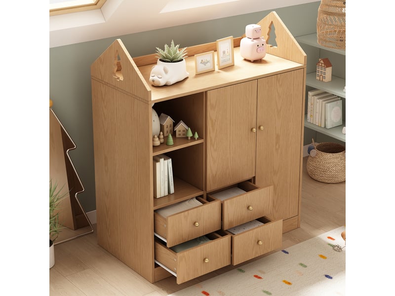  Armoire enfant 100x48x131 cm design maison avec 2 portes et 4 tiroirs, garde-robe avec niche ouverte, tablette supérieure et tringle, effet chêne Seren Glow - Conforama D