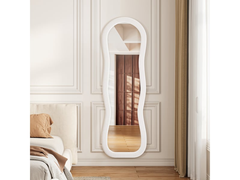  Miroir plein pied 160x50 cm forme ondulée, cadre rembourré en flanelle blanche, miroir au sol décoratif pour chambre et salon  - Conforama R