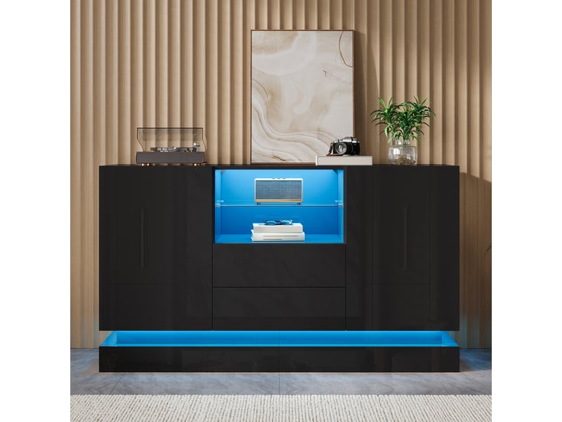  Buffet avec led pilotée par appli, 2 portes, 2 tiroirs, niche ouverte avec étagère en verre, façades brillantes, panneaux de particules,noir evarich - Conforama B