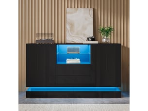 Buffet avec led pilotée par appli, 2 portes, 2 tiroirs, niche ouverte avec étagère en verre, façades brillantes, panneaux de particules,noir