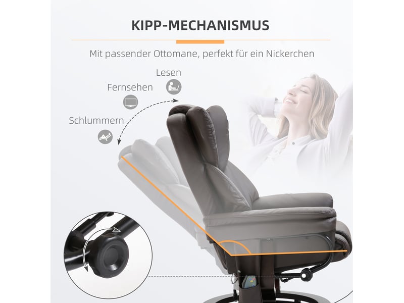  Fauteuil relax massant pivotant avec repose-pied et fonction inclinable en acier marron  - Conforama E