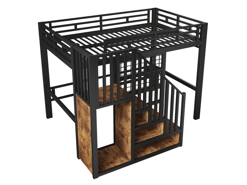 Lit mezzanine 140x200 cm en métal noir avec escalier rangement, grille et led - Conforama E