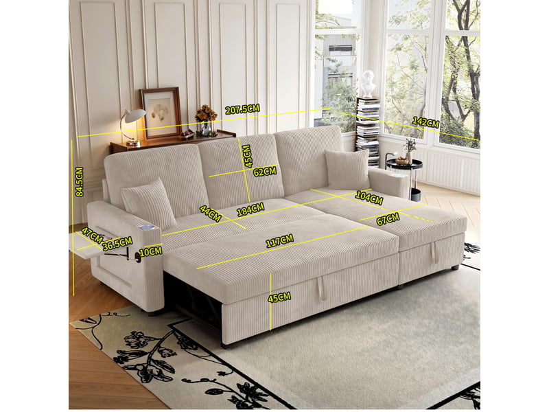  Canapé d’angle (à droite) convertible 3 places 207,5 x 142 x 84,5 cm, avec rangement, assise spacieuse et méridienne, velours côtelé, beige OMNIGLINT TRADING LTD - Conforama D