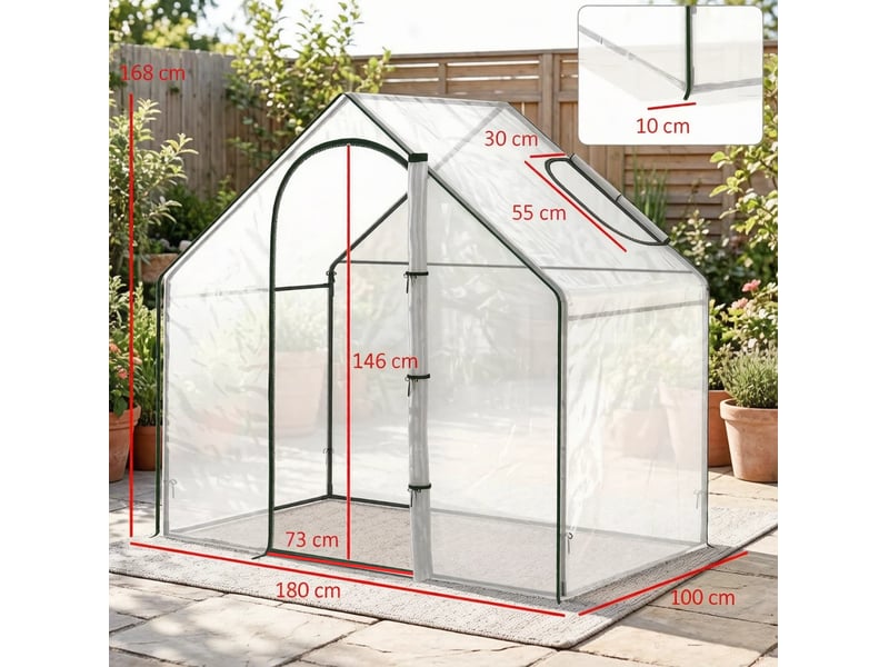  Serre de jardin compacte 180x100x168 cm – verte et transparente – porte zippée, fenêtre d'aération et accès pratique  - Conforama C