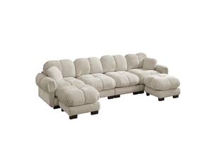 Canapé panoramique en u 4 places modulable avec 2 poufs mobiles - lpospi - chenille matelassée kaki clair