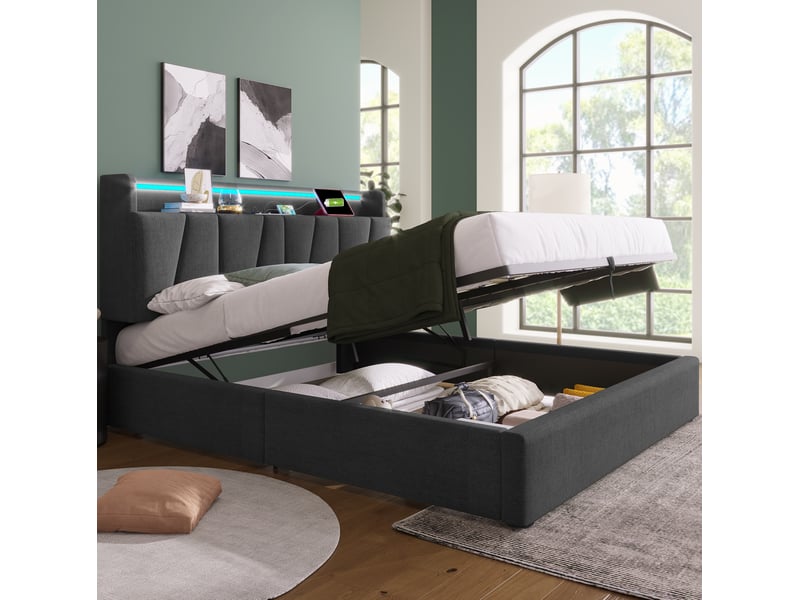  Lit coffre 160x200 cm gris en lin, tête de lit avec usb, type c et led, rangement sous le sommier  - Conforama B