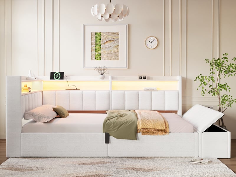 Lit de repos, 140 x 200 cm, rangement hydraulique, prise électrique, élément de rangement latéral, velours, blanc crème - Conforama B
