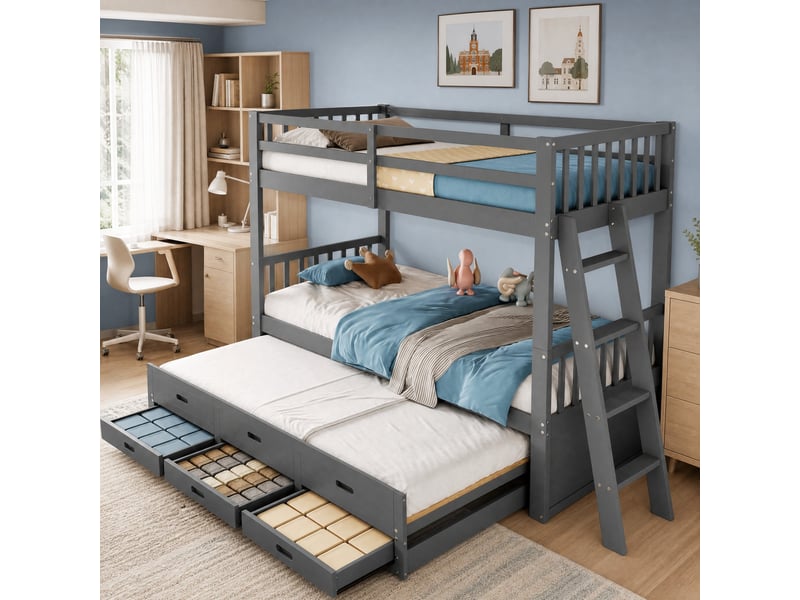  Lit superposé enfant 90 x 200 cm gris avec lit gigogne, 3 tiroirs et échelle  - Conforama B