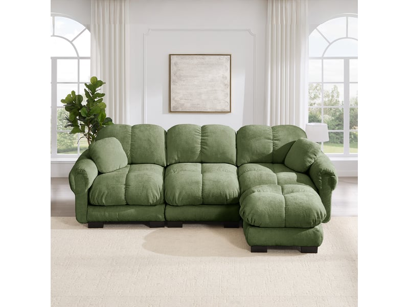  Canapé d'angle 3 places en tissu vert avec ottomane mobile et 2 coussins déco, confort moelleux au salon  - Conforama E