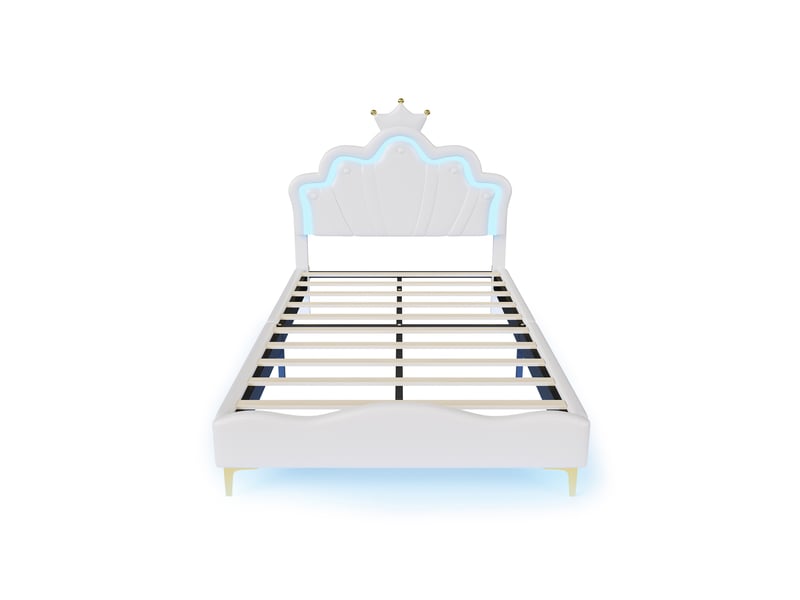  Lit simple 140x190 cm, lit capitonné enfant avec rgb led et tête de lit couronne réglable, lit capitonné avec sommier, blanc  - Conforama A