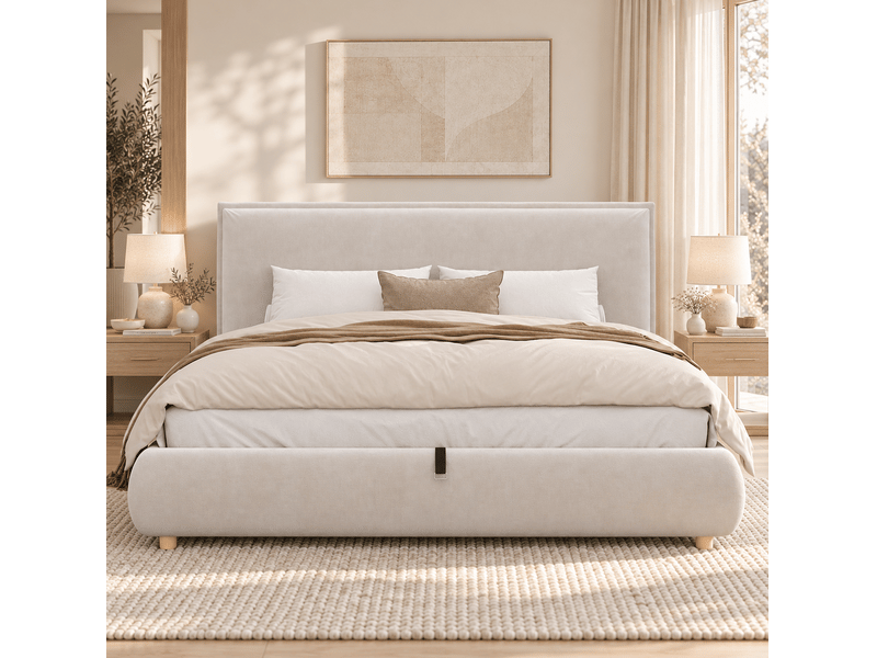  Lit coffre modenvie 160 x 200 cm en velours crème avec sommier à lattes et tête de lit  - Conforama E