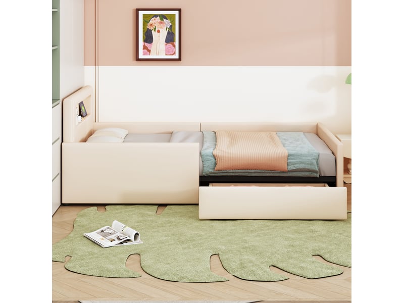  Lit enfant 90x200 cm, 213x97x70 cm, tiroirs, veilleuse led, port usb, similicuir beige, sans matelas  - Conforama E