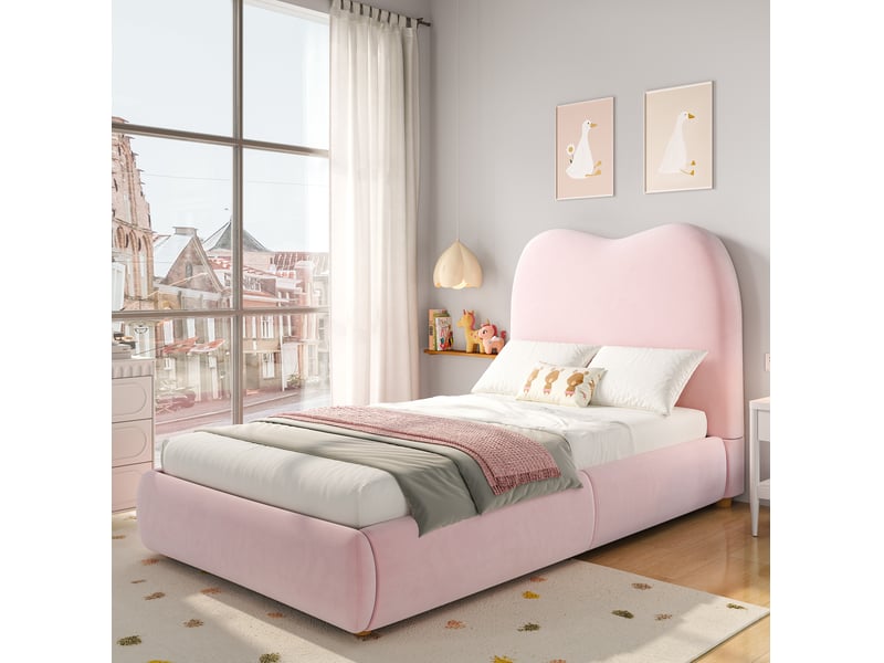  Lit enfant 90x200cm lit coffre sommier à lattes tête rembourrée 11cm mousse design moderne velours rose sans matelas  - Conforama W