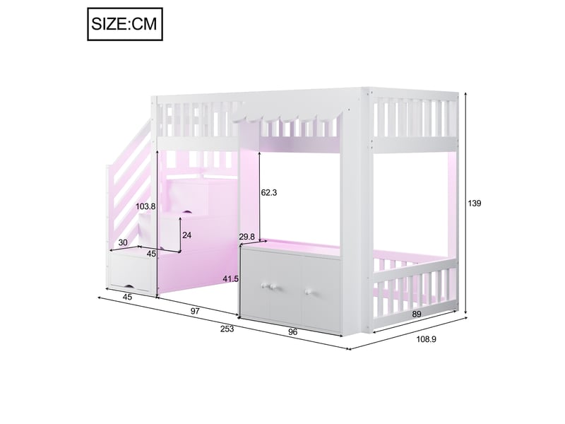  Lit mezzanine bois blanc 90x200 cm, armoire, escalier rangement, toit, sommier et led multicolore  - Conforama C