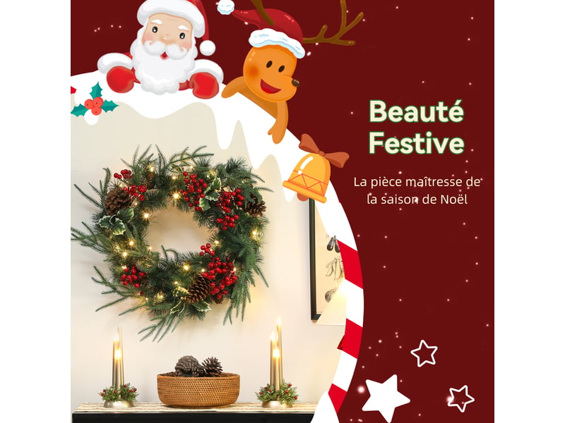  Couronne de noël lumineuse 60 cm avec 35 led, minuterie, 170 pointes, pommes de pin, feuilles de houx, baies, vert  - Conforama A